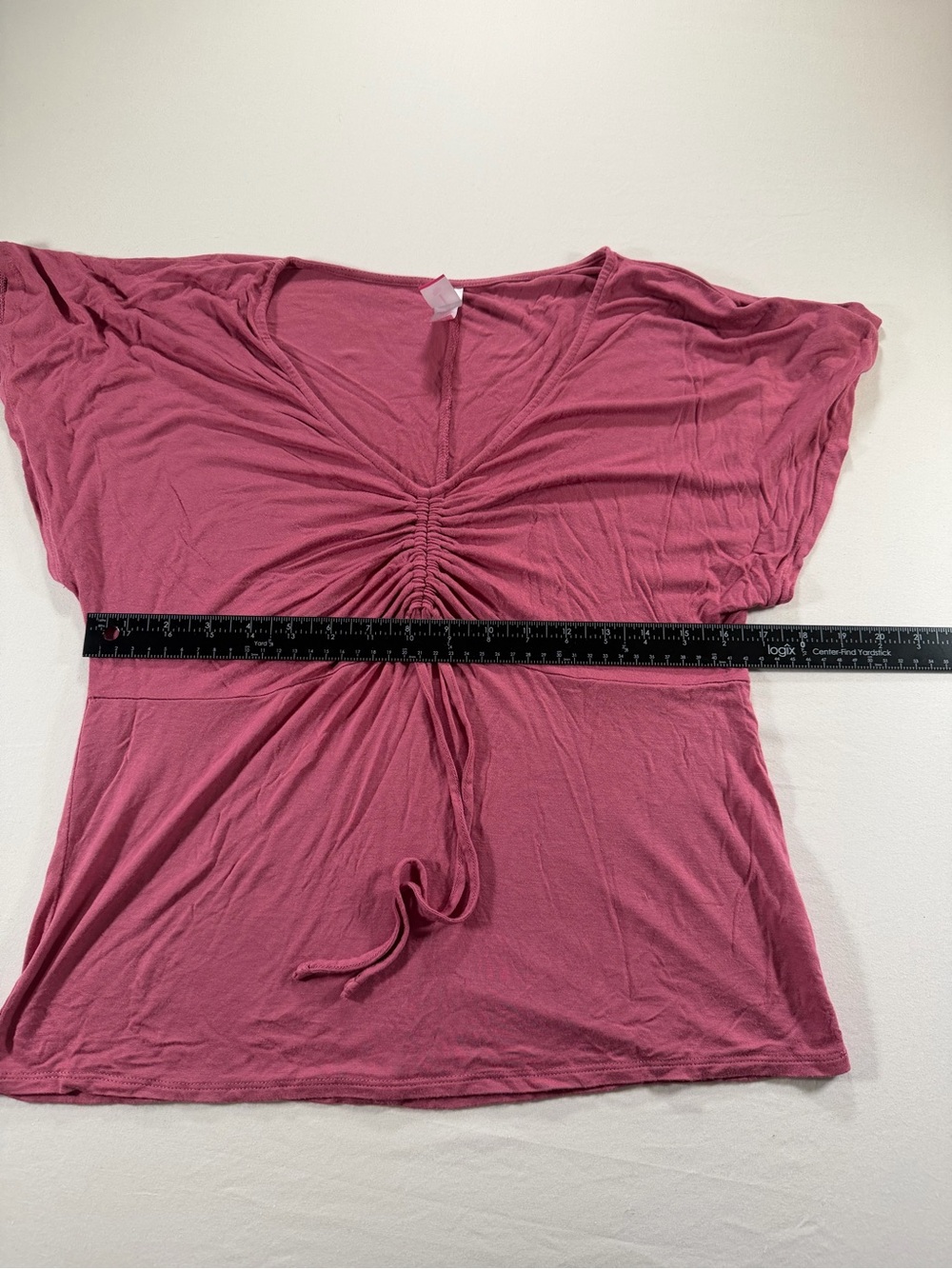 No Boundaries Ruched V-Neck Short Sleeve Top in Rose - Picture 5 of 6